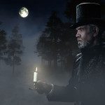 Dickens Scrooge Man with Candlestick Walking in Winter Forest at Moonlight.